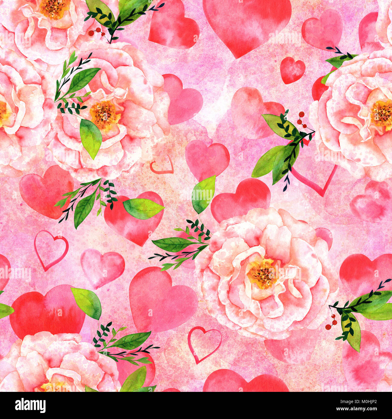 A seamless pattern with watercolor pink hearts and beautiful roses ...