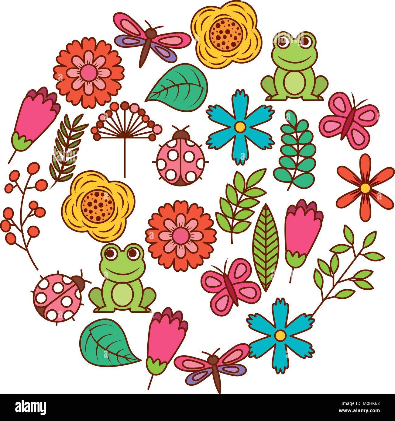 set of spring theme nature flowers love birds butterflies ladybugs frog dragonfly Stock Vector