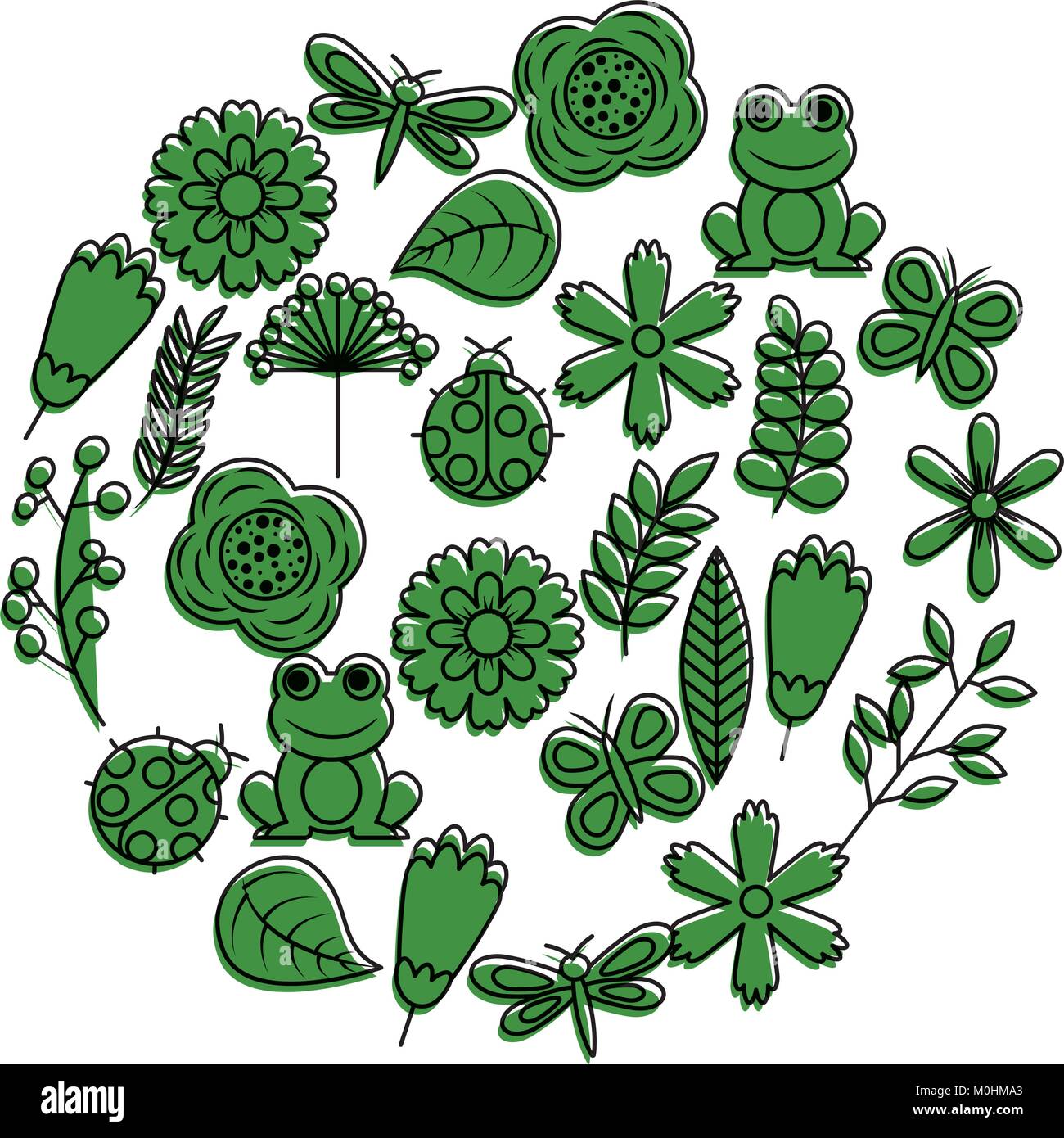 set of spring theme nature flowers love birds butterflies ladybugs frog dragonfly Stock Vector