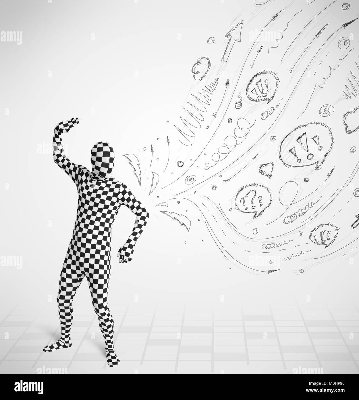 Funny guy in body suit morphsuit looking at sketches and doodles Stock Photo