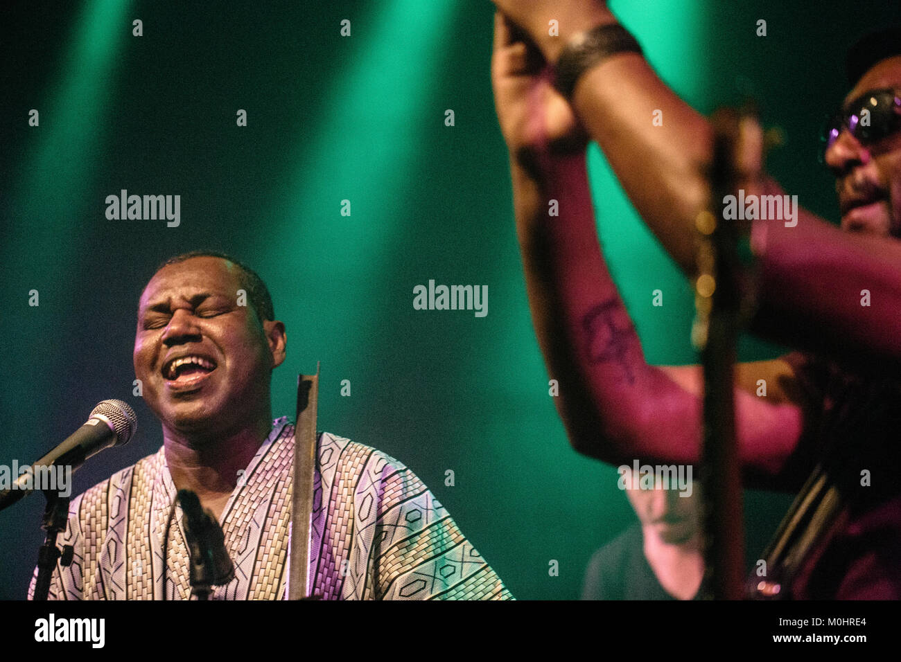 Cape Verde-musician and accordionist Victor Tavares is better known as Bitori and for the forbidden dance music from the island Funana, Cape Verde. Here vocalist Chando Graciosa is seen live on stage at a live concert at Global in Copenhagen. Denmark, 14/10 2016. Stock Photo