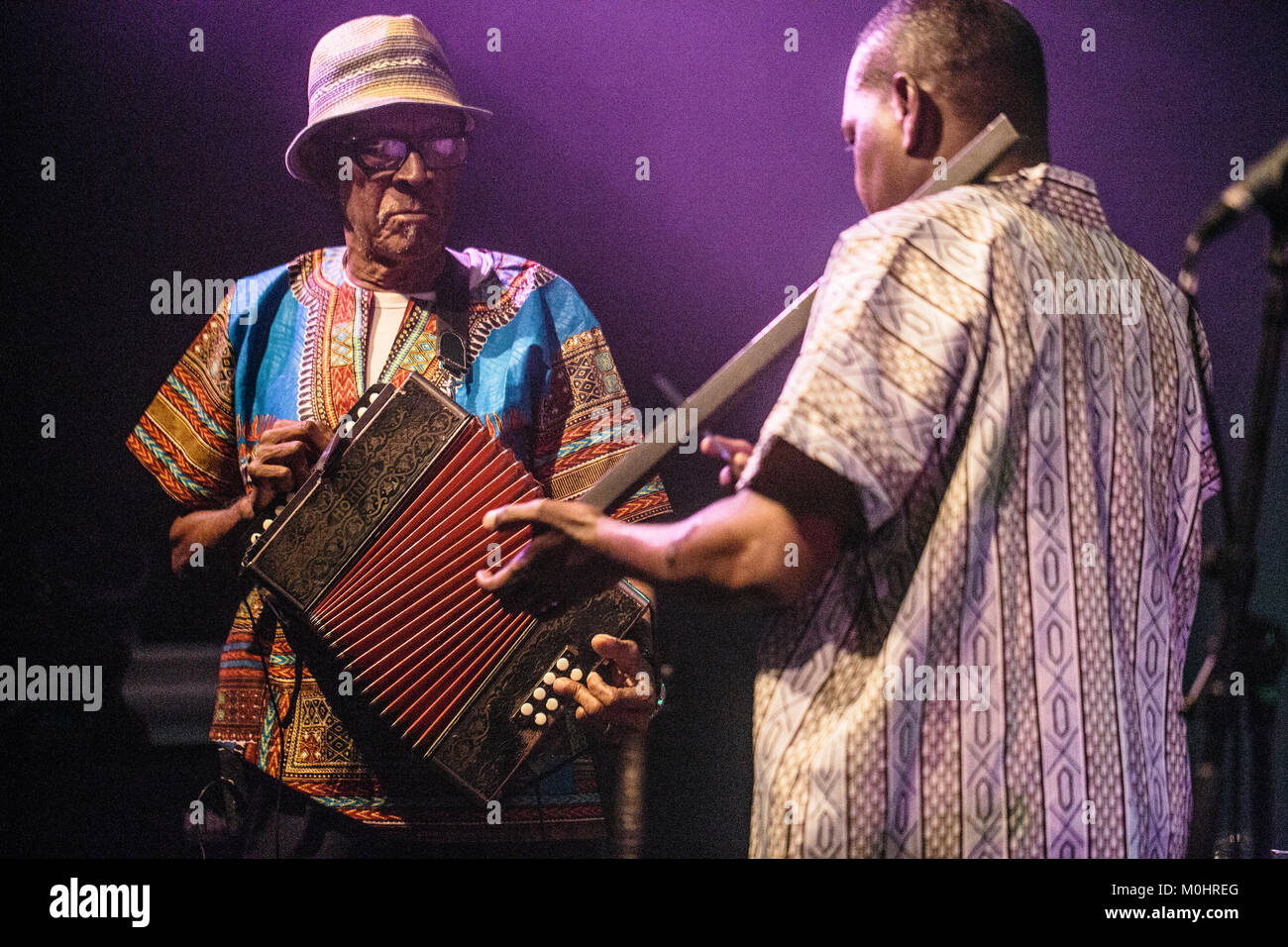Cape Verde-musician and accordionist Victor Tavares is better known as Bitori and for the forbidden dance music from the island Funana, Cape Verde. Here Victor “Bitori” Tavares is seen live on stage at a live concert at Global in Copenhagen. Denmark, 14/10 2016. Stock Photo
