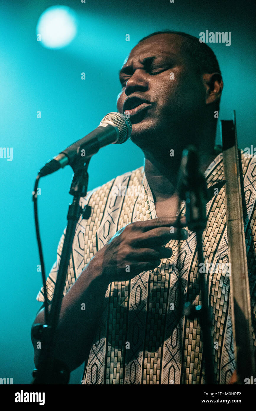 Cape Verde-musician and accordionist Victor Tavares is better known as Bitori and for the forbidden dance music from the island Funana, Cape Verde. Here vocalist Chando Graciosa is seen live on stage at a live concert at Global in Copenhagen. Denmark, 14/10 2016. Stock Photo