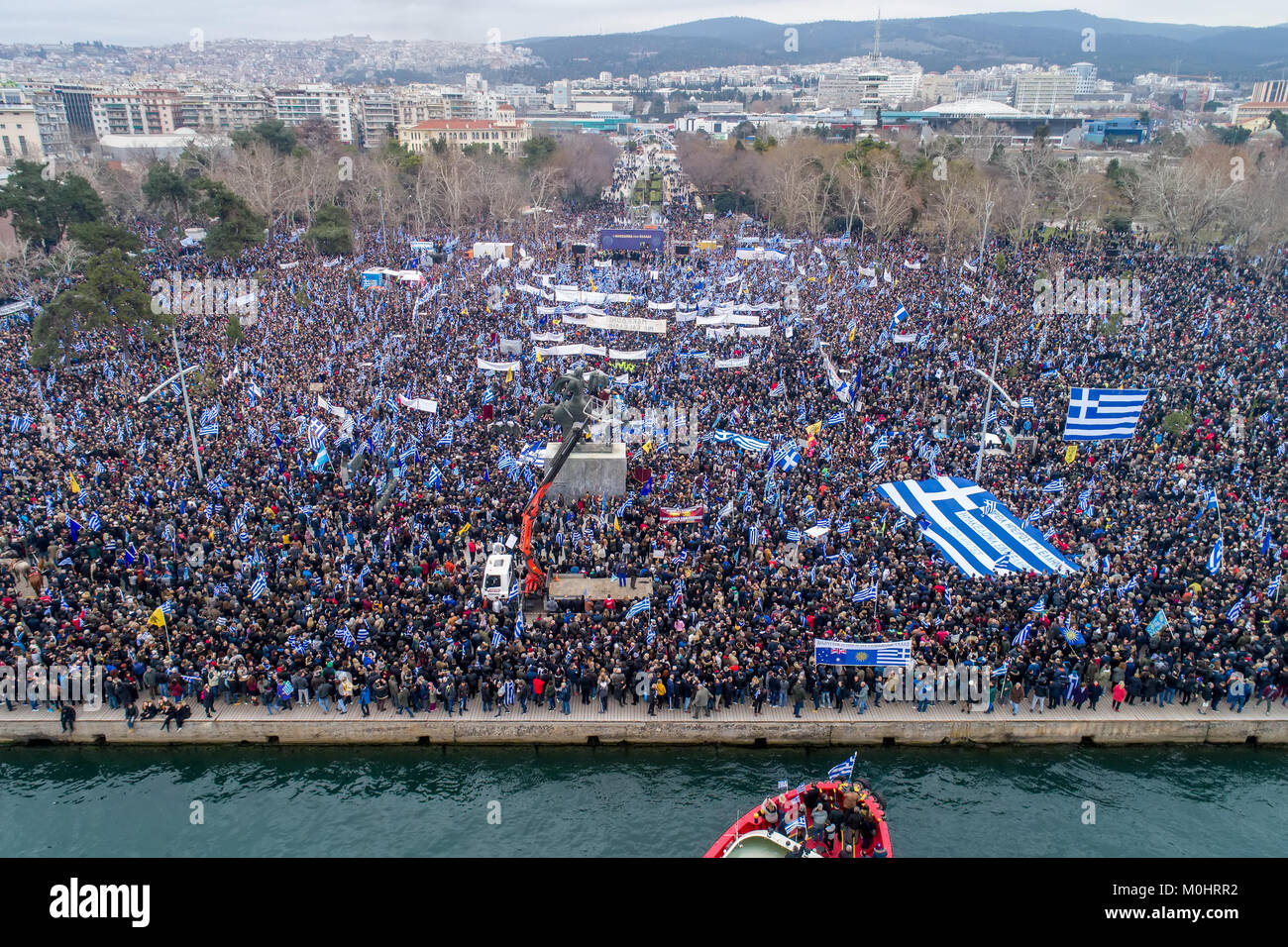 Thessaloniki, Greece - January 21, 2018:Thousands of people protest against any Greek compromise on the name dispute with the FYROM in Thessaloniki, G Stock Photo