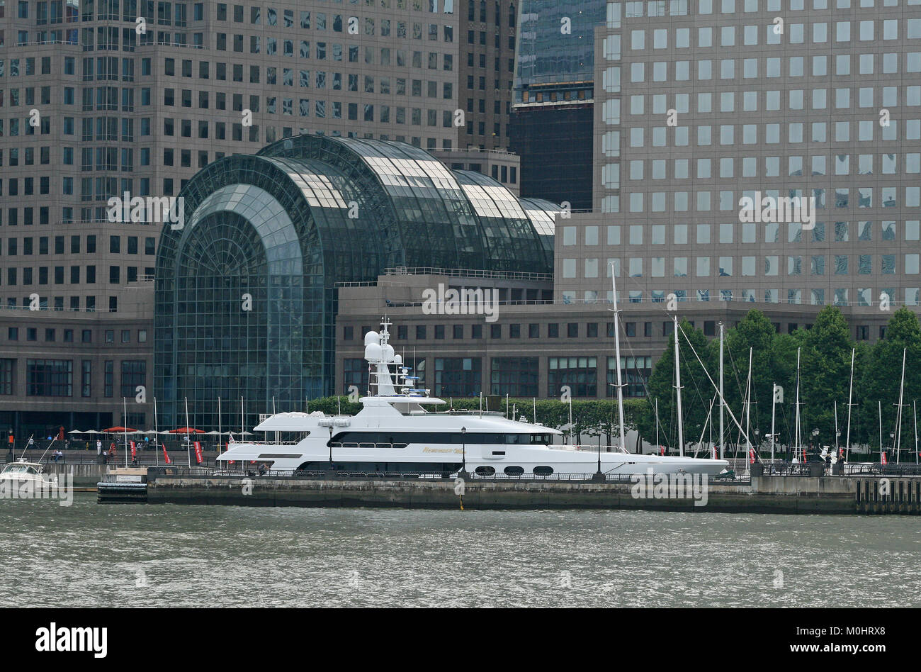 The Winter Garden Atrium on Vesey Street in New York City's Brookfield Place office complex, Lower Manhattan, seen from the Hudson River, New York Cit Stock Photo