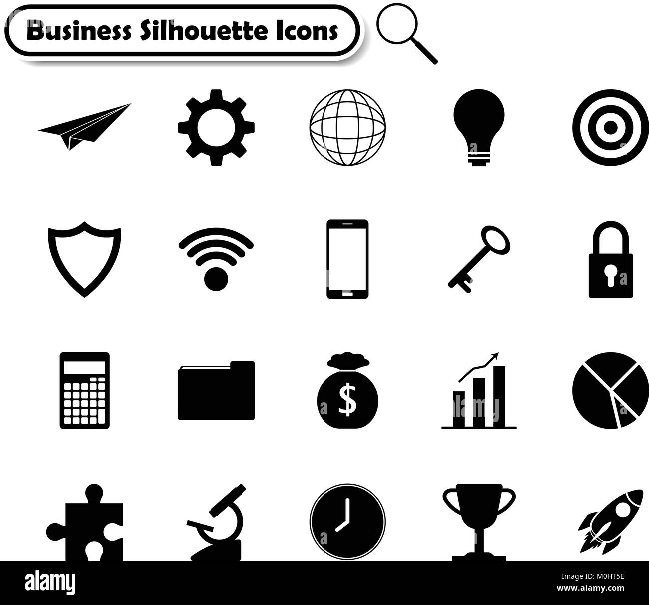Vector Illustration Ready-To-Use 21 Silhouette Business Flat Icons Designed as Multiple Objects Involved In Work, Startup, Finance, Data Security. Stock Vector