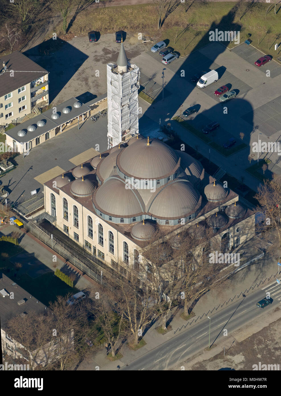 Aerial view, DITIB Merkez Mosque, Germany's largest mosque, Duisburg, Duisburg-Nord, Ruhr area, North Rhine-Westphalia, Germany, Europe, Duisburg, Ruh Stock Photo