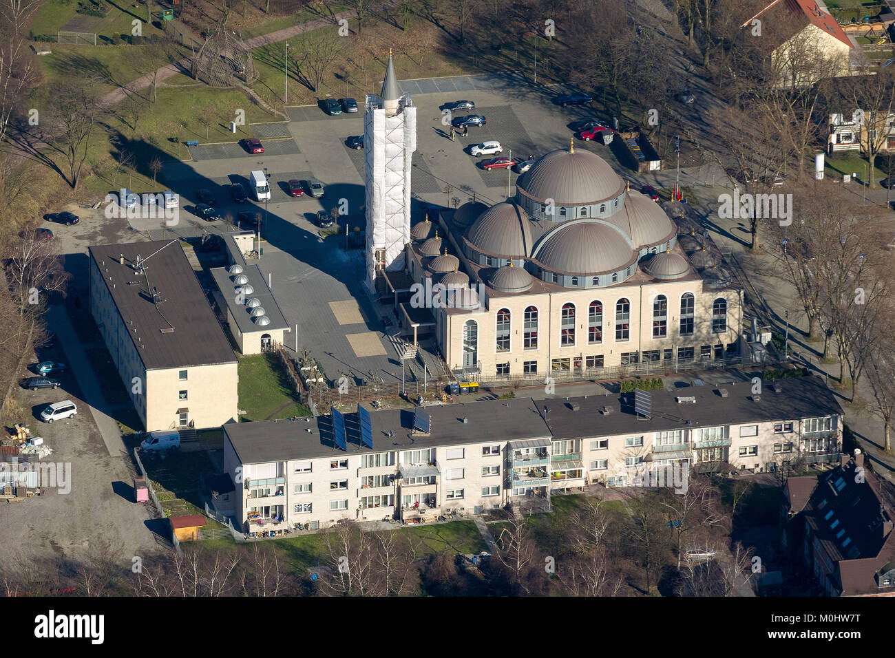 Aerial view, DITIB Merkez Mosque, Germany's largest mosque, Duisburg, Duisburg-Nord, Ruhr area, North Rhine-Westphalia, Germany, Europe, Duisburg, Ruh Stock Photo