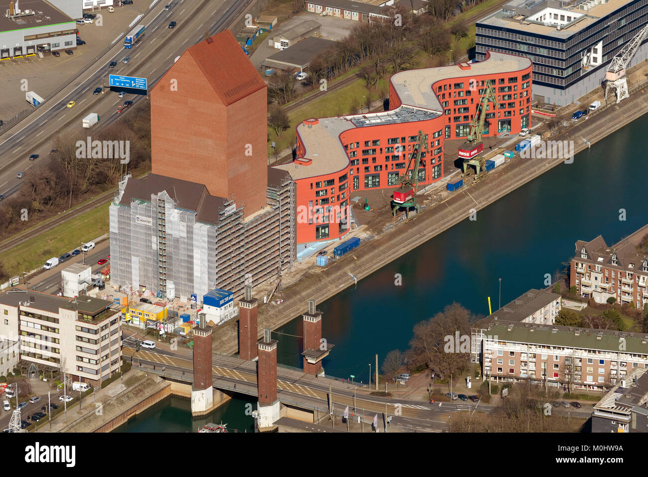 Aerial view, NRW State Archive at the Inner Harbor, Duisburg Center, Inner Harbor, Duisburg, Ruhr, Nordrhein-Westfalen, Germany, Europe, Duisburg, Ruh Stock Photo