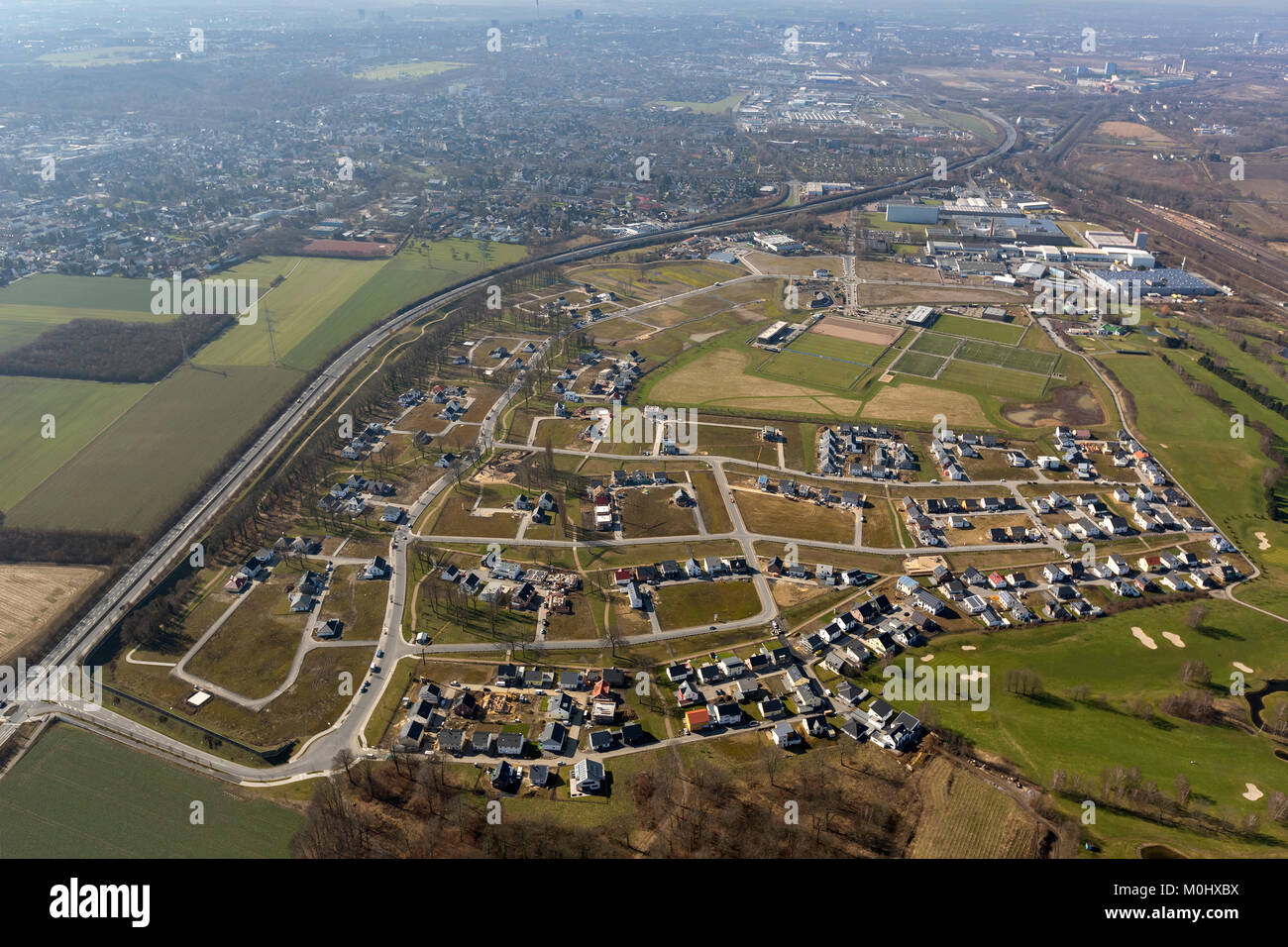 Aerial view, business park and residential development Hohenbuschei on the Brackeler road, Brackel, Dortmund, Ruhr area, North Rhine-Westphalia, Germa Stock Photo