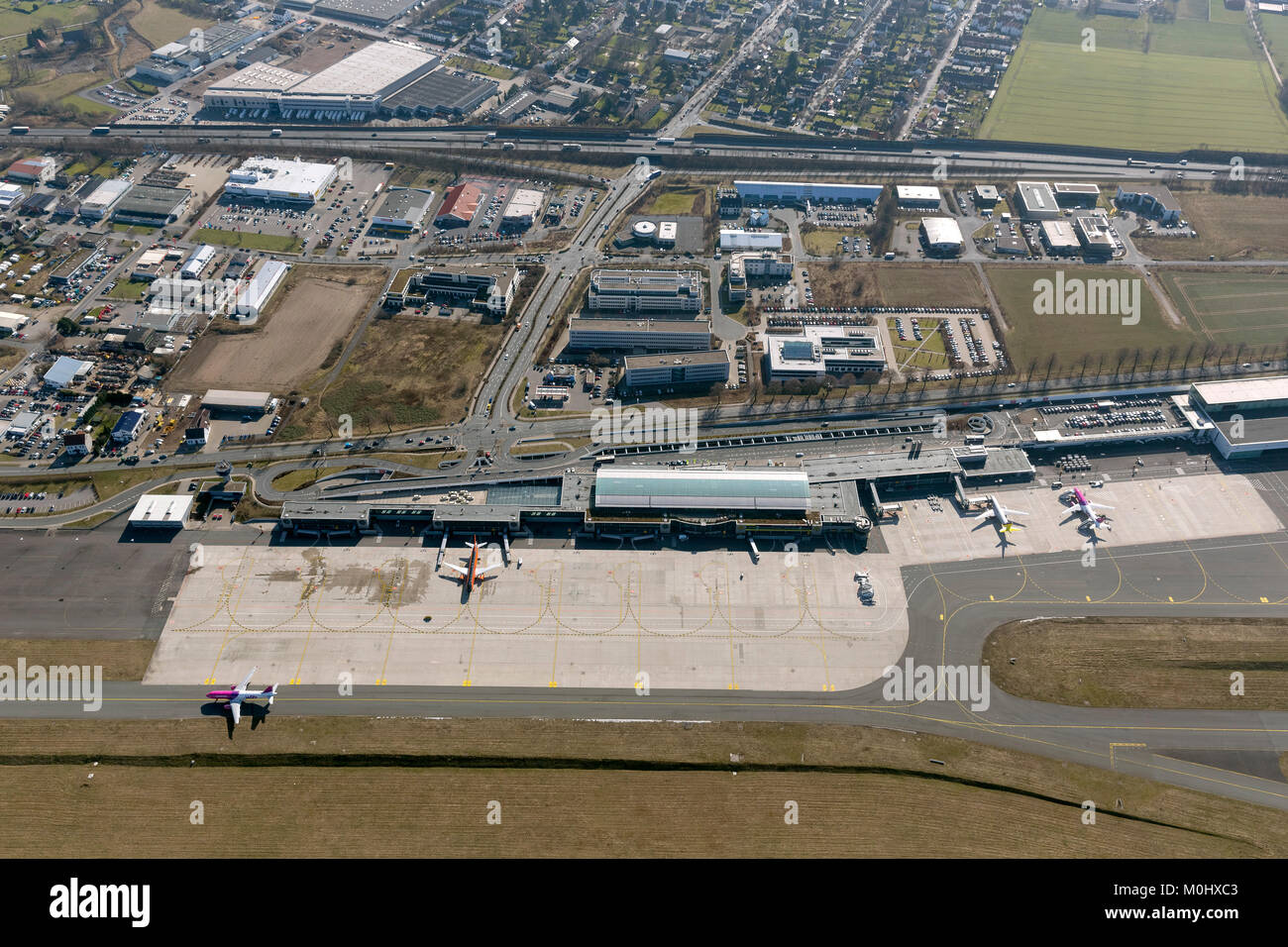 Aerial view, apron Dortmund Airport, Dortmund, Ruhr Area, North Rhine-Westphalia, Germany, Europe, Dortmund, Ruhr Area, North Rhine-Westphalia, German Stock Photo