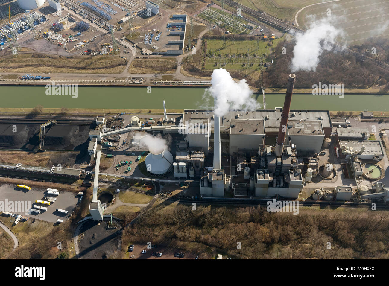 Aerial view, construction freeze, E.on,, EON Datteln 4, coal power station on the Dortmund-Ems Canal, construction freeze due to licensing errors, mac Stock Photo