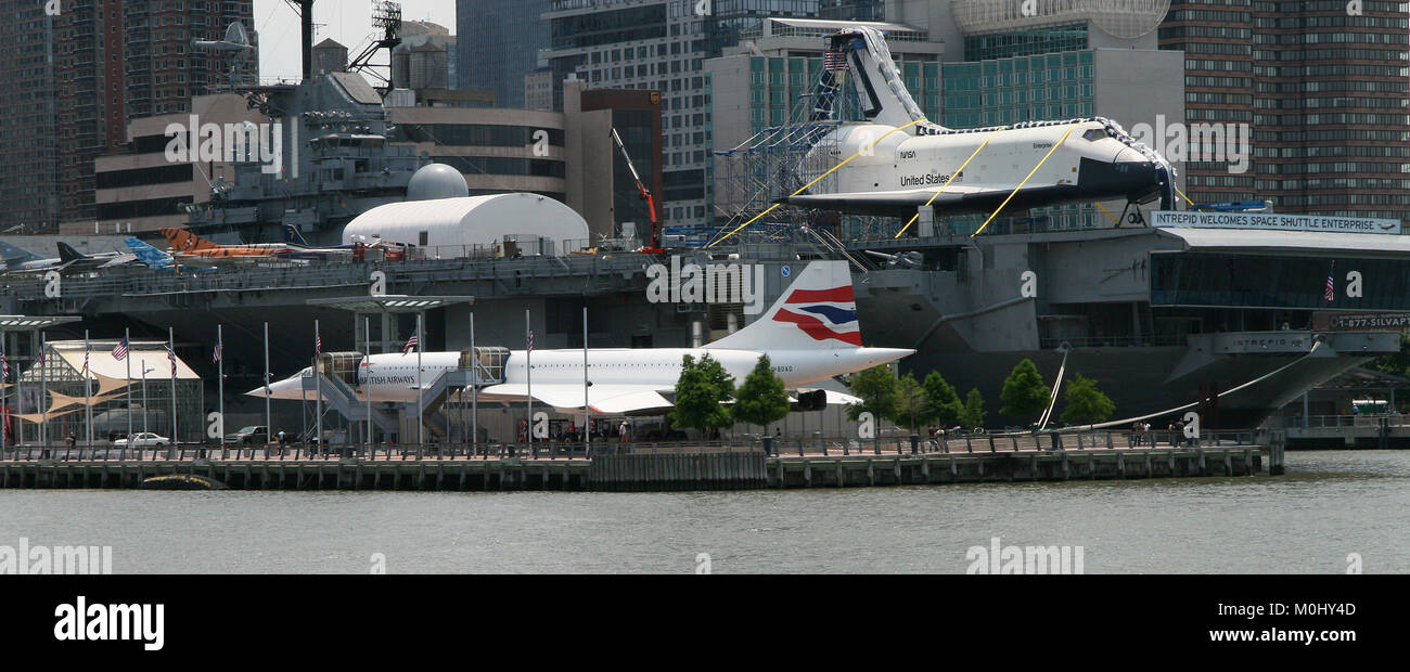 The Enterprise Space Shuttle on the Intrepid Battleship alongside The British Airways Concorde G-BOAD at The Intrepid Sea, Air & Space Museum on the s Stock Photo