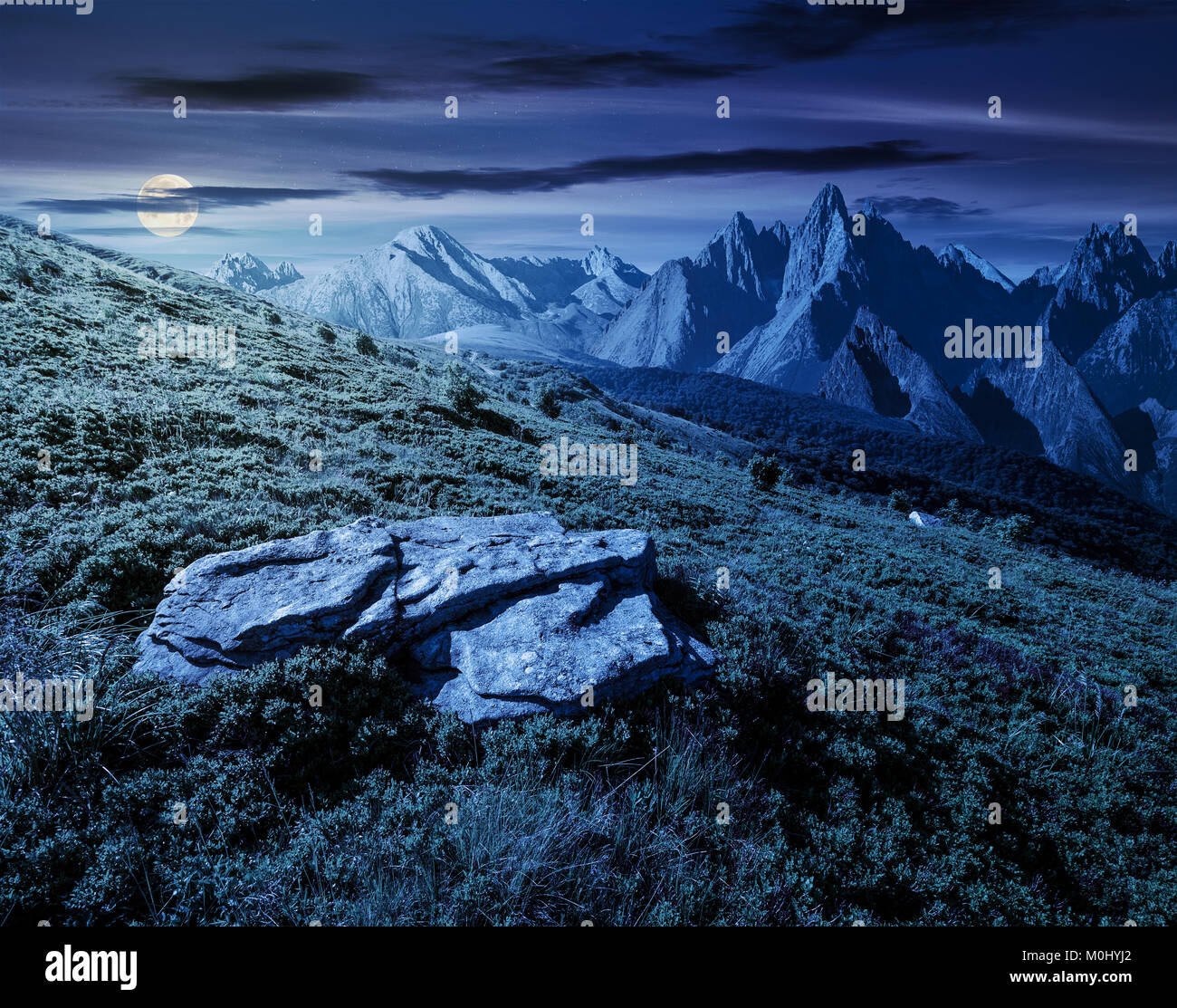 composite of meadow in rocky mountains at night in full moon light ...