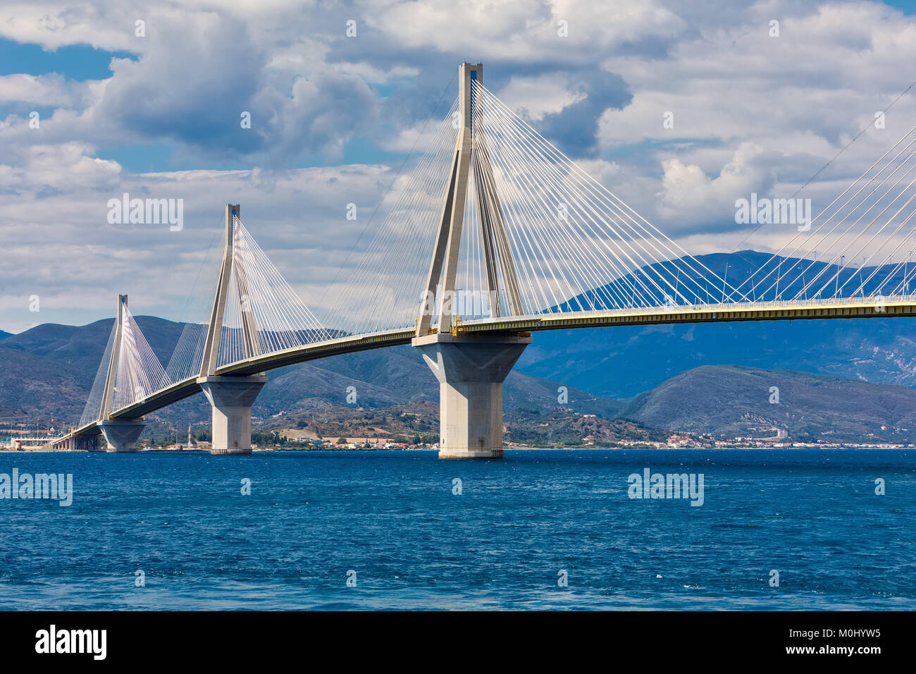 View of suspension bridge RioAntirio in Greece. Bridge crossing