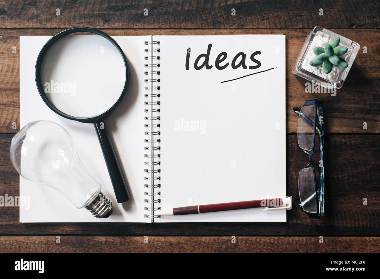 bulb, magnifying glass, cactus, glasses and notebook with IDEAS word and copy space on wooden table. ideas concept Stock Photo