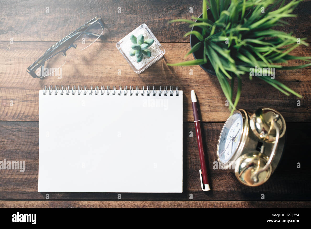 spectacles, cactus, clock, pen and blank notebook for copy space on wooden table. workspace concept Stock Photo