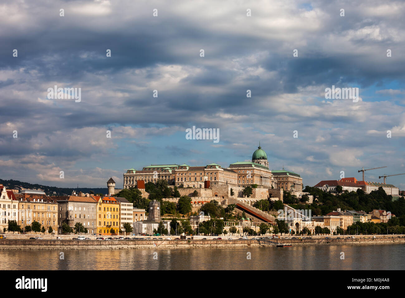 Budapest city skyline from Danube river with Buda Castle on a hill ...