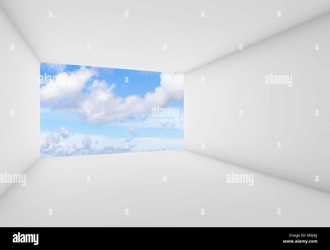 Abstract white interior background, empty room with blue cloudy sky in ...