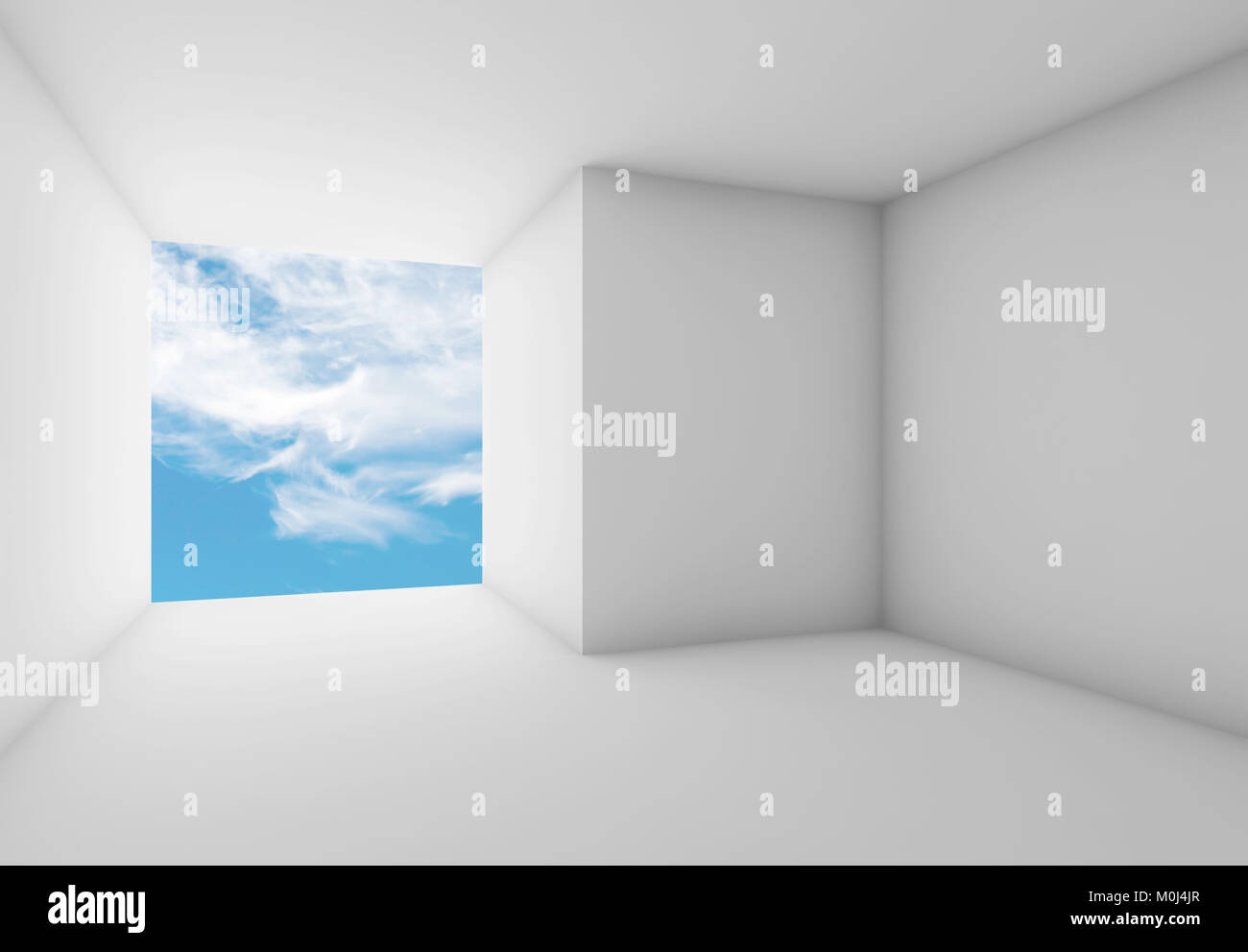 Abstract white interior background, empty room with cloudy sky in blank ...