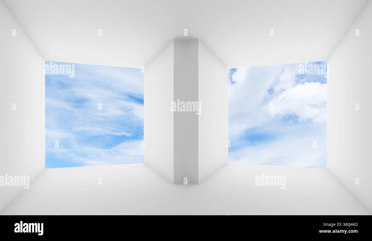 Abstract white interior background, empty room with cloudy sky in blank ...