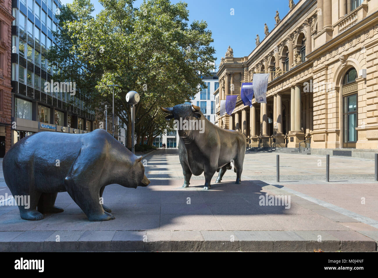 The bull and bear sculpture, bronze figures in front of the German Stock Exchange, Frankfurt, Germany Stock Photo