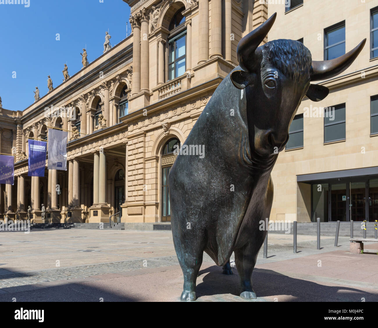 The bull, bull and bear sculpture, bronze figures in front of the German Stock Exchange, Frankfurt, Germany Stock Photo