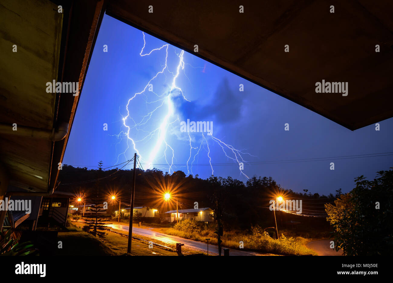 Lightning strike during thunderstorm in Sorowako, South Sulawesi Indonesia. Stock Photo