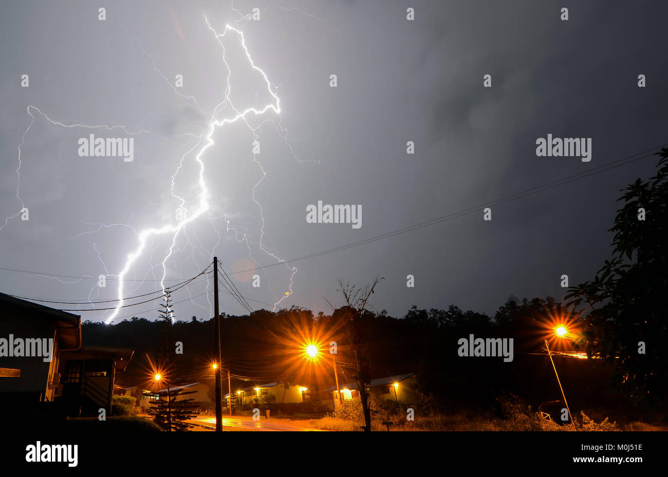 Lightning strike during thunderstorm in Sorowako, South Sulawesi Indonesia. Stock Photo