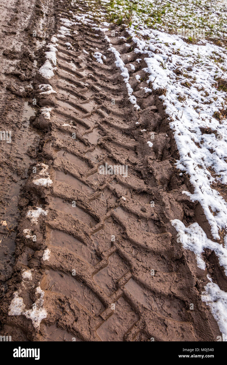 Tire track in the muddy ground Stock Photo