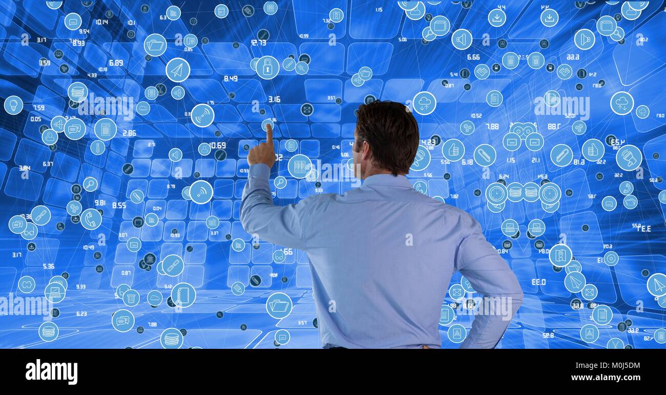 Man clicking on icon connections Stock Photo