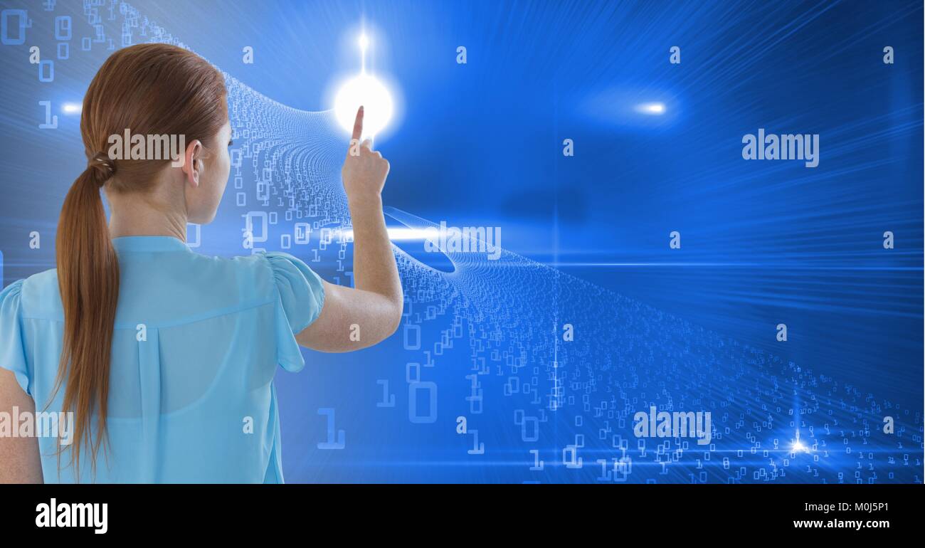 Woman touching binary digits Stock Photo