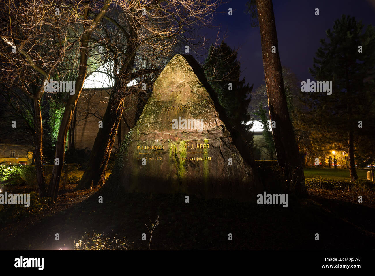 Memorial stone for the presidents Blumer and Heer in Glarus, Canton of Glarus, Switzerland by night Stock Photo