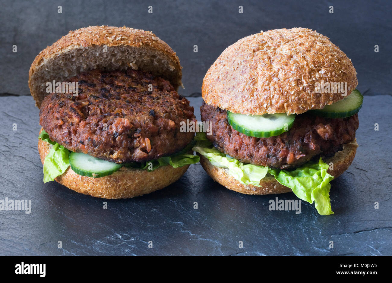 Beetroot Burgers in a wholemeal bread roll. Stock Photo