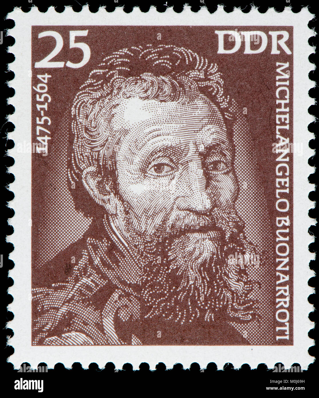 East German postage stamp (1975) : Michelangelo (di Lodovico Buonarroti Simoni) (1475 – 1564) Italian sculptor, painter, architect Stock Photo
