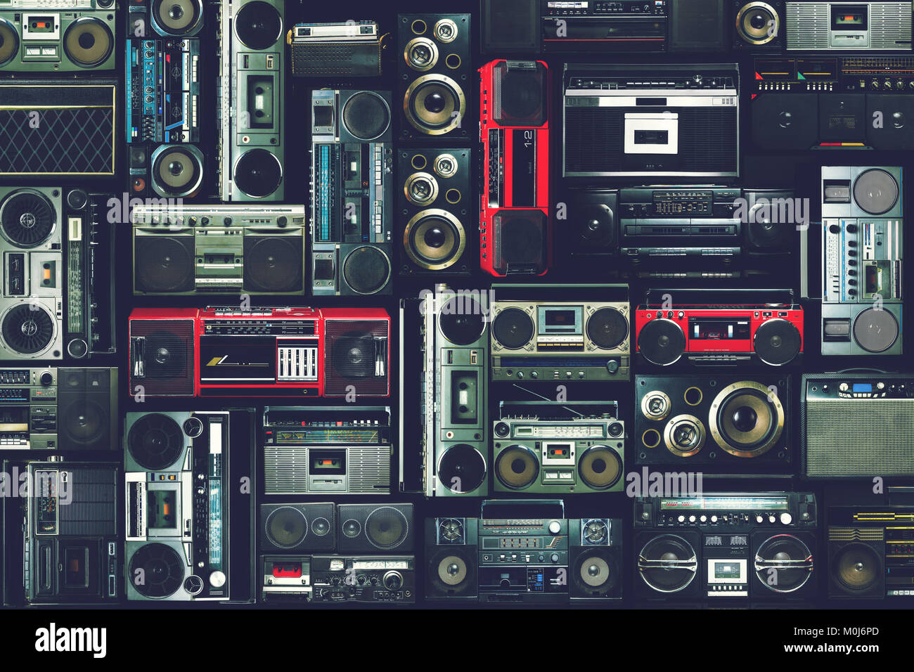 Vintage wall full of radio boombox of the 80s Stock Photo
