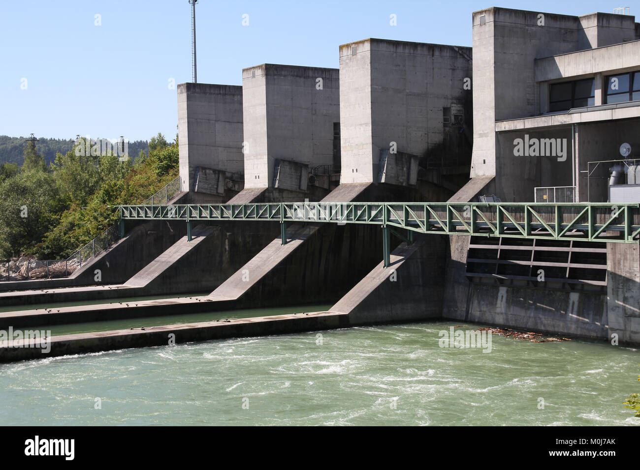 Hydro power plant on Traun river in Marchtrenk, Austria. Concrete dam. Stock Photo