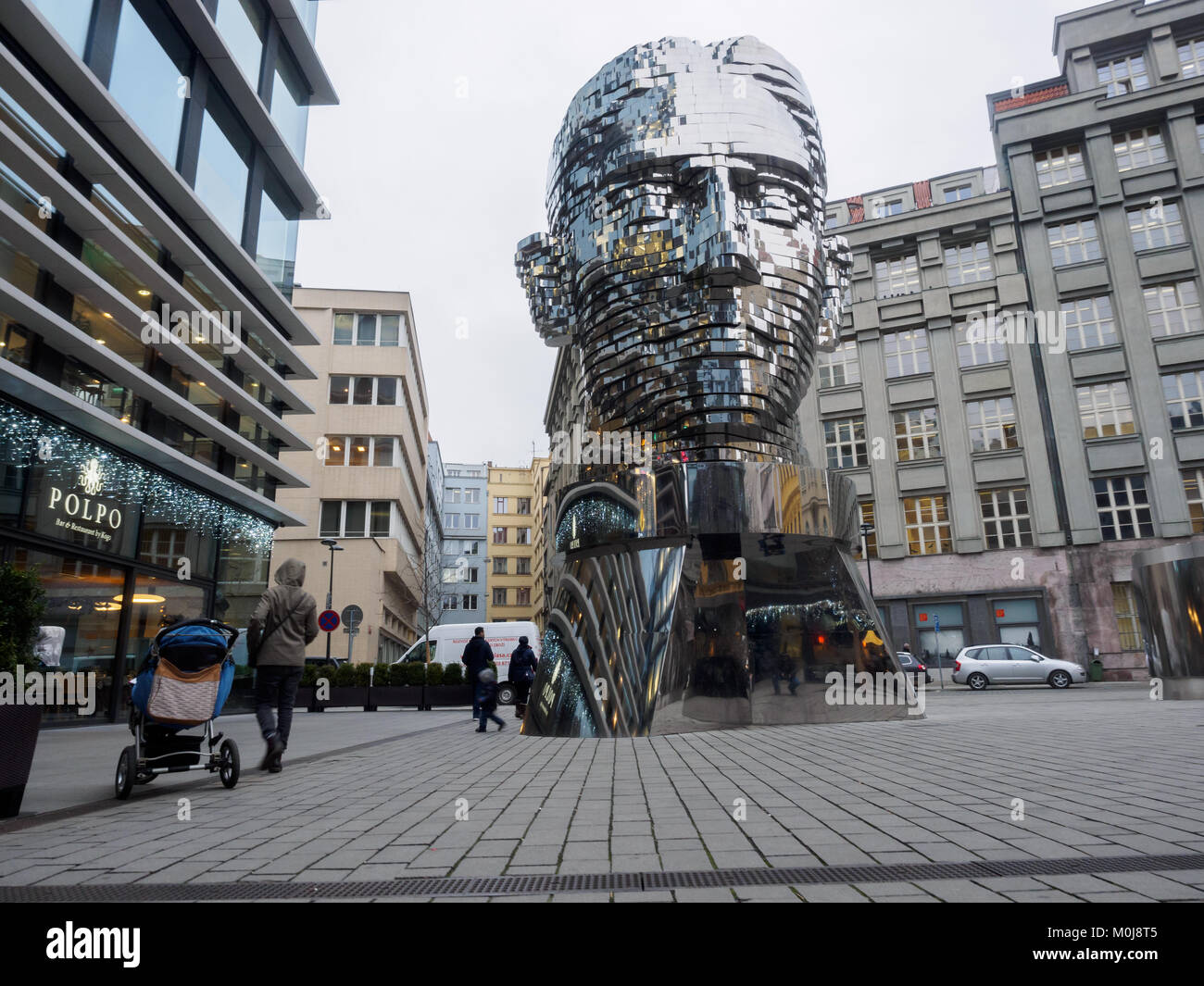 Prague, Czech Republic - January 8 2018.  Modern art installation of the rotating metal head of the writer Franz Kafka Stock Photo