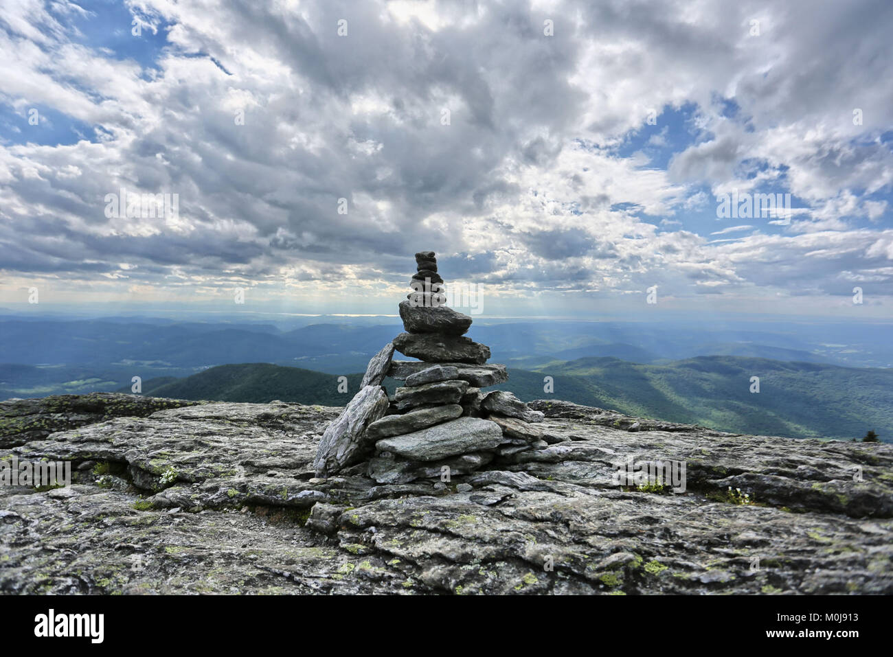 Rock pyramid on top of Camel's Hump in Vermont Stock Photo