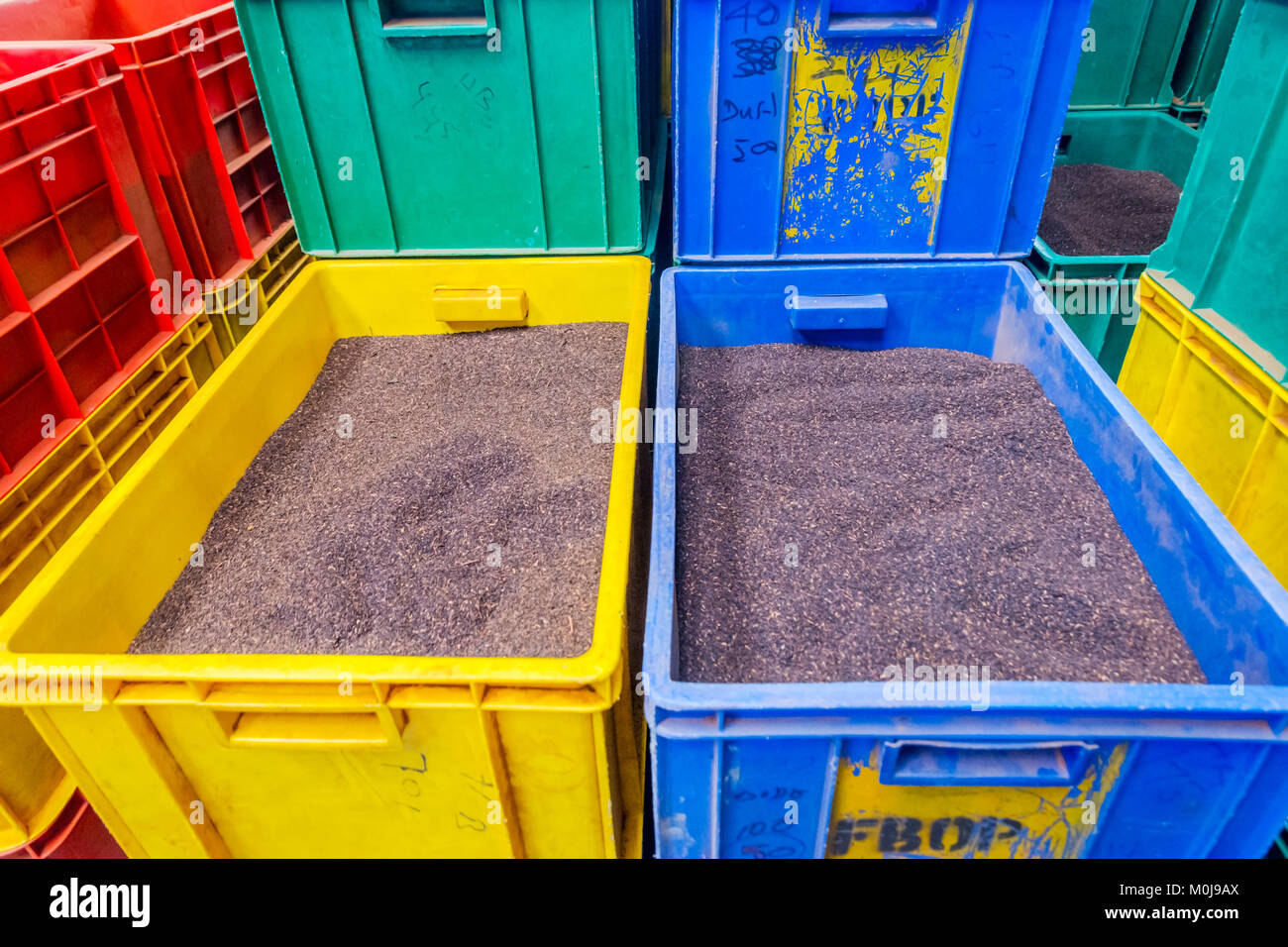 Tea in the storage boxes in the factory, Sri Lanka Stock Photo Alamy