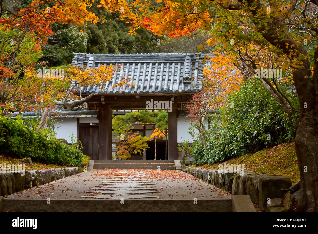 A gate above the area Nanzen-ji Temple area surrounded by fall color. Kyoto, Japan. Stock Photo