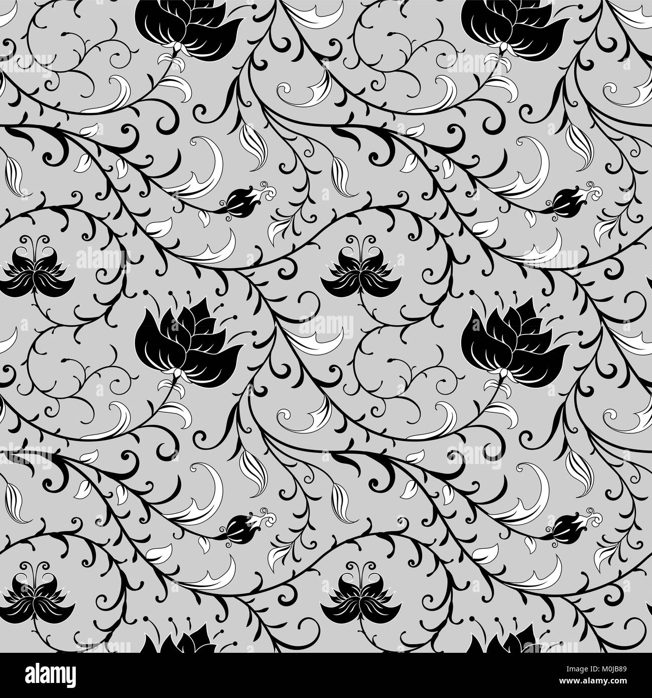 Floral pattern, monochrome seamless background with black flowers Stock ...