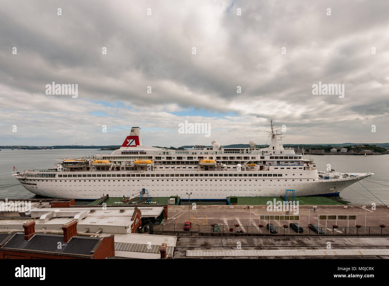 Cruise liner 'Boudicca' moored at Cobh Cruise Terminal, Port of Cork, Cobh, County Cork, Ireland with copy space Stock Photo
