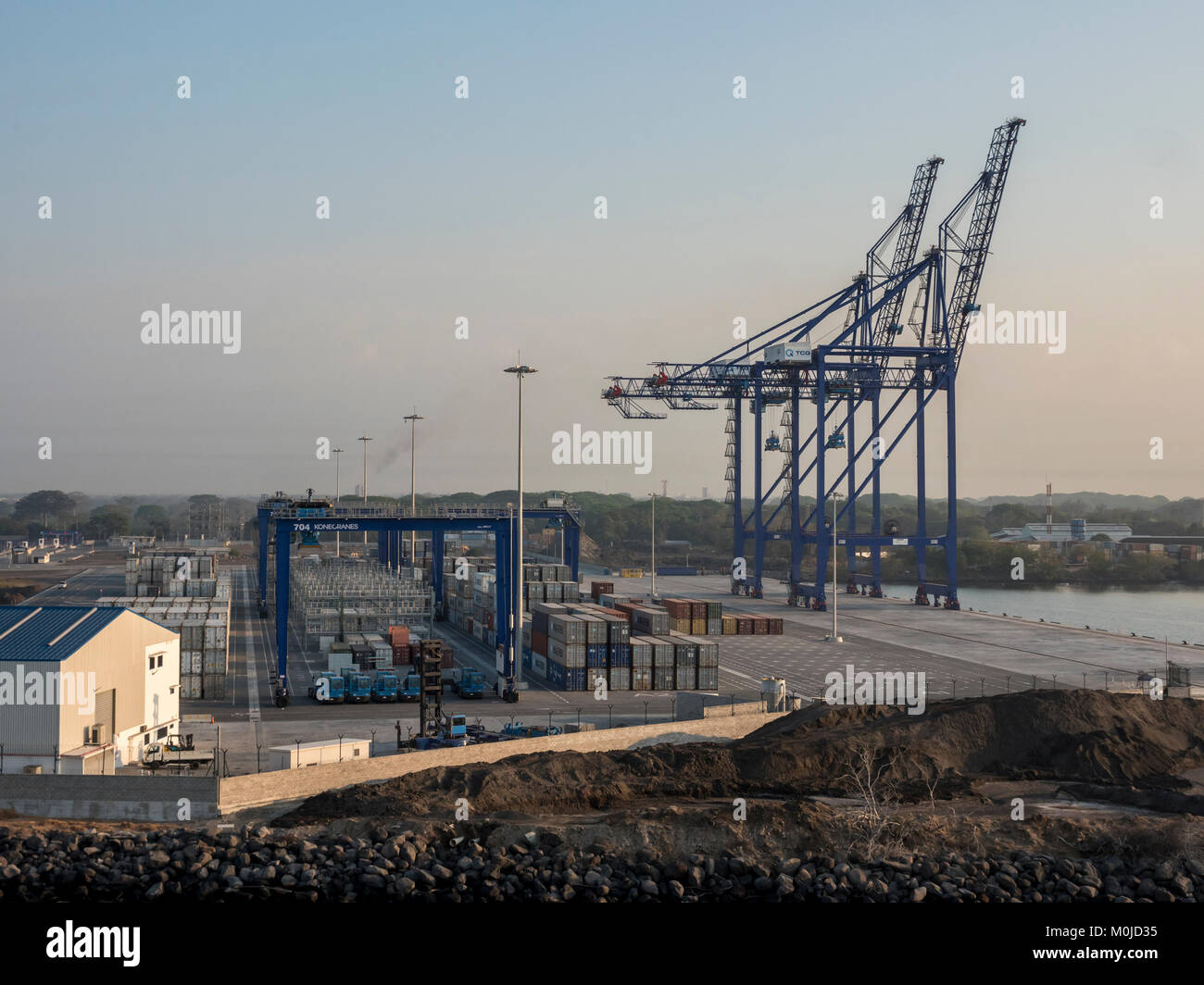 Early Morning Large Cranes And Sea Containers At The Pacific Port Of Puerto Quetzal Guatemala