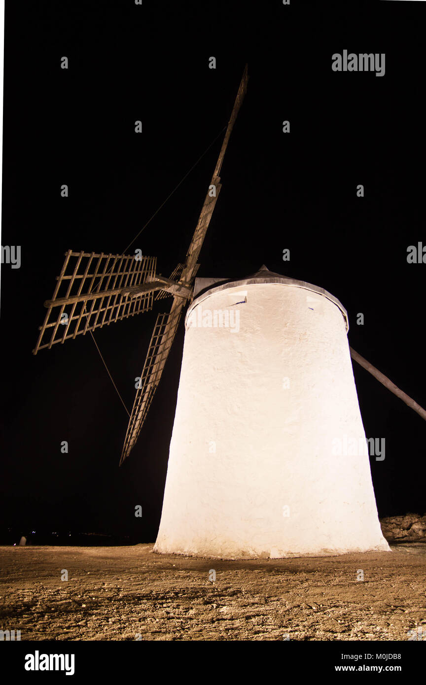 windmill isolated, night photography, Don Quixote route, Castilla la Mancha, Spain Stock Photo