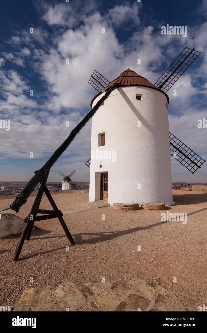 Don quixote route, windmills from Mota del Cuervo, La Mancha, Spain, touristic famous landmarks, travel destination Stock Photo