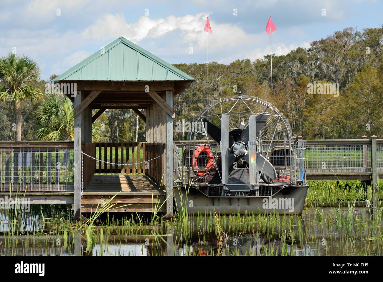 An everglades airboat tour craft tethered to a boardwalk on Cypress Lake, Florida, USA Stock Photo