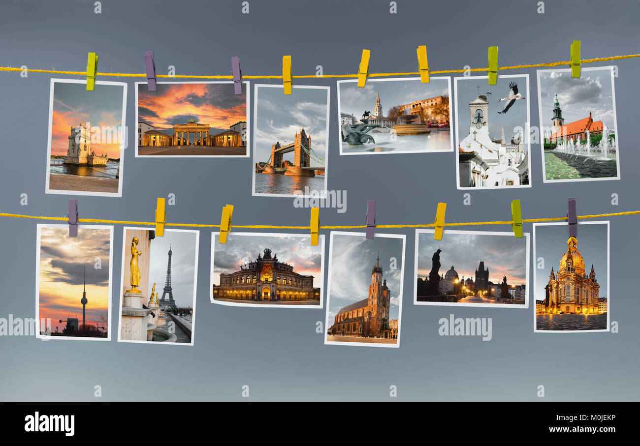 Collage with postcards of European landmarks on grey background Stock Photo