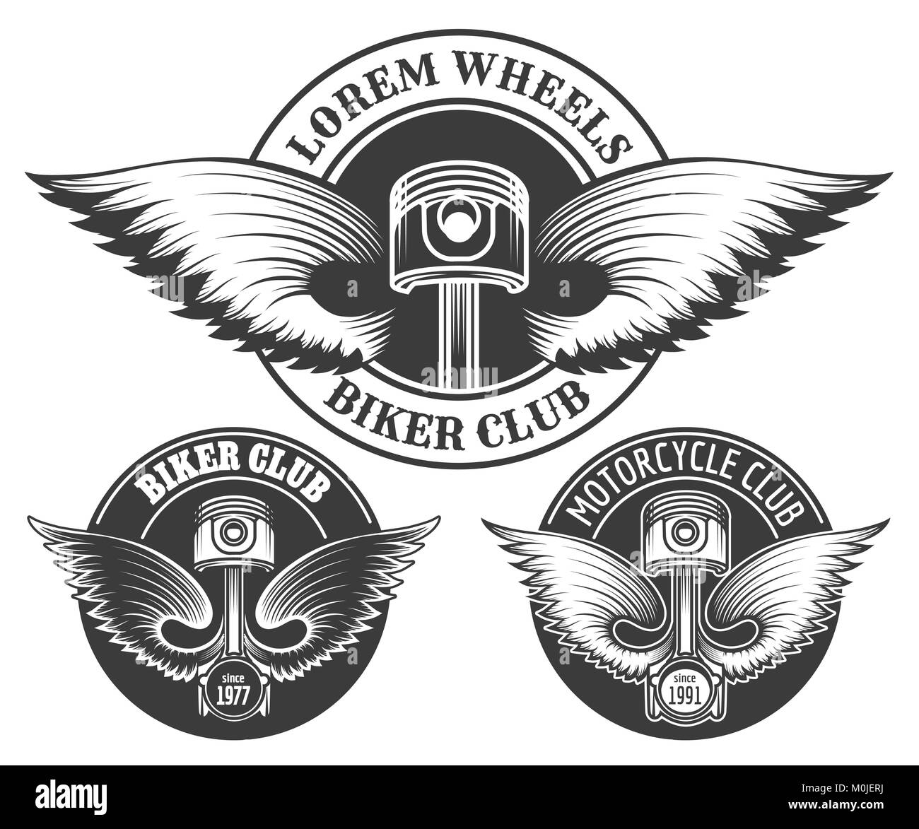 Set of biker club emblems with winged pistons. Elements for motorwork, biker, custom garage theme. Vector illustration. Stock Vector