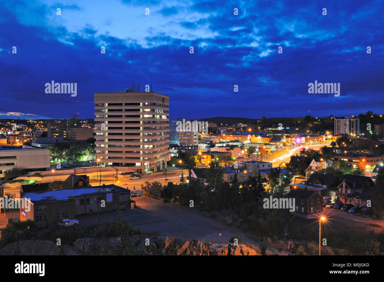 a view of the Sudbury skyline with the pretty city lights at night Stock Photo